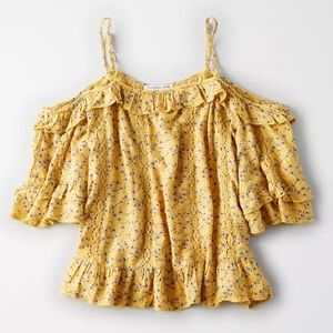 American Eagle Women's Yellow Floral Cold Shoulder Top Size Small
